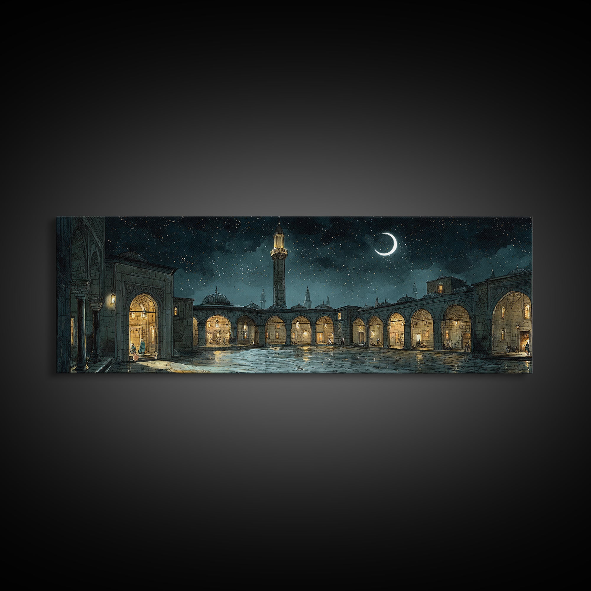Enchanting Night Courtyard With Starry Sky And Crescent Moon - Magical Wall Art Canvas Print For Bedroom And Living Room Decor