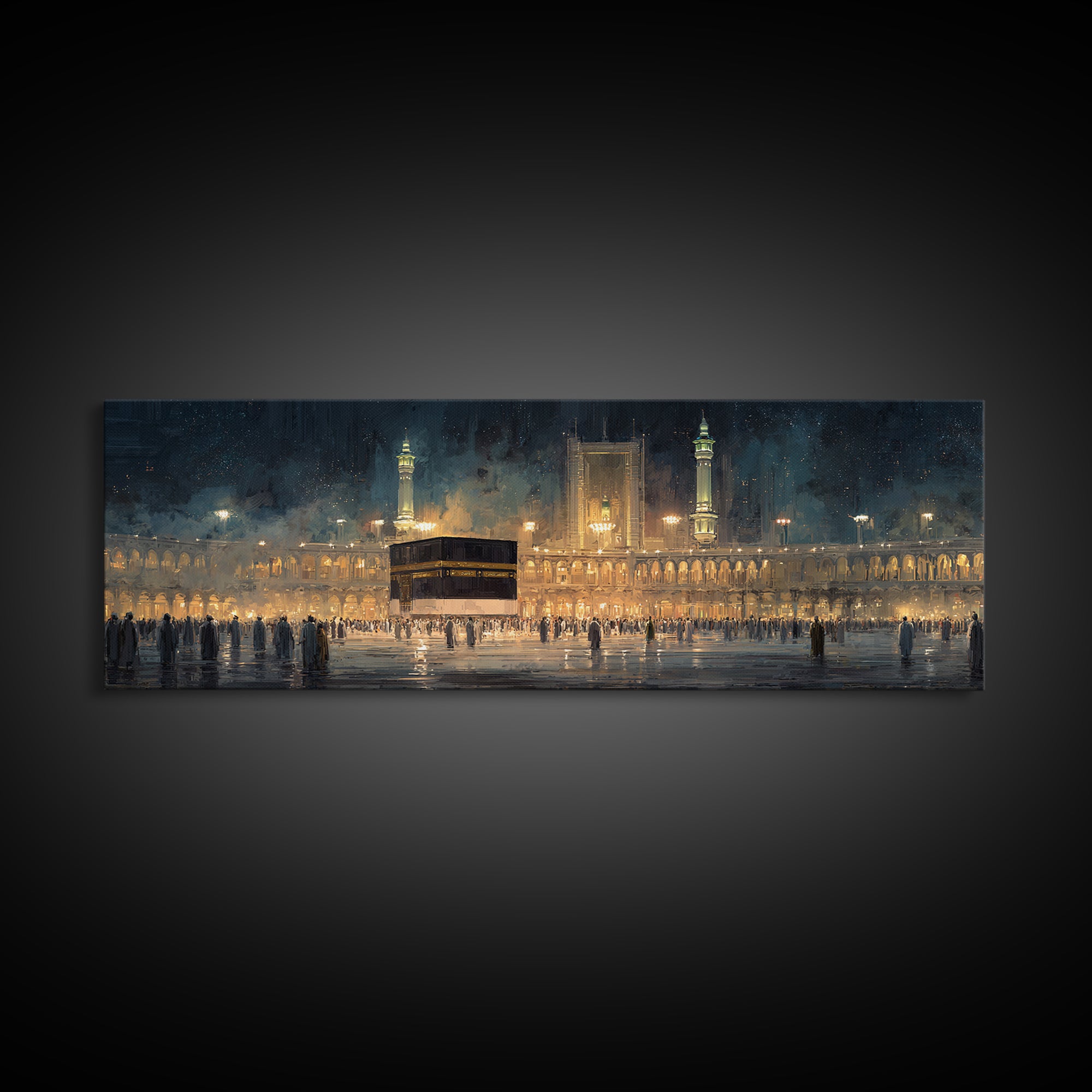 Nighttime Pilgrimage At Sacred Mosque With Glowing Lights And Worshippers Canvas Print