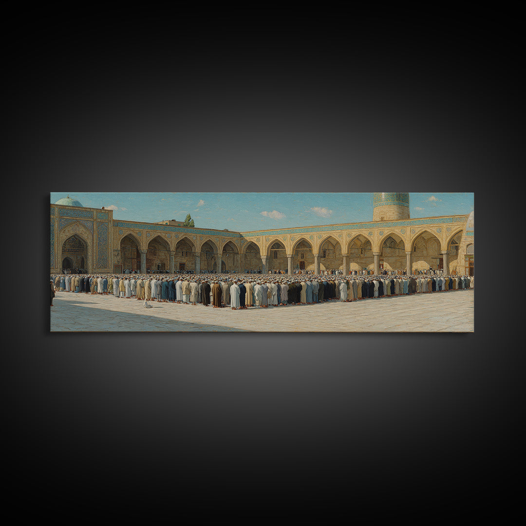 Traditional Islamic Prayer Scene Wall Art Depicting Worshippers in Mosque Courtyard Framed Canvas Print For Spiritual Home Decor