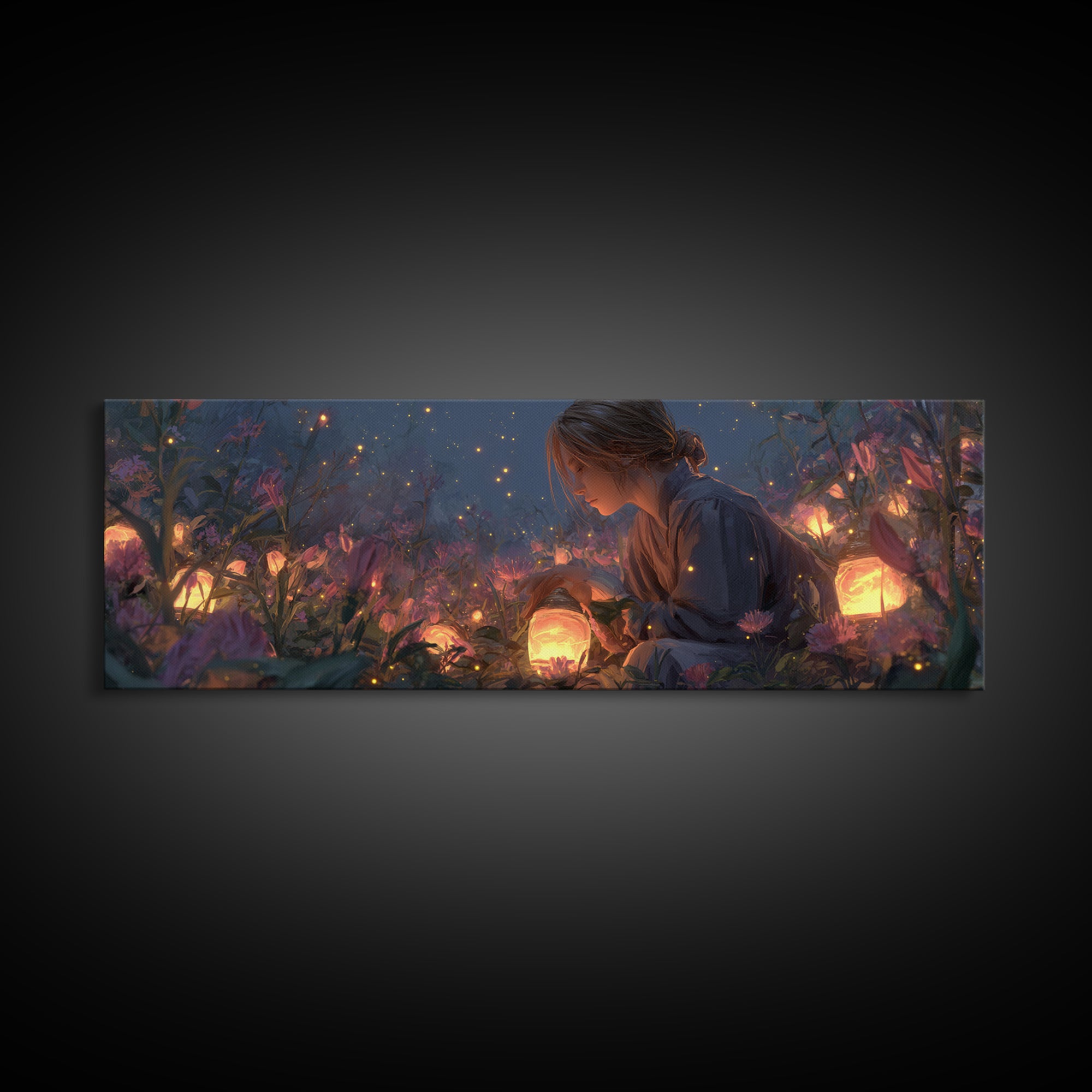 Girl With Glowing Lanterns In Enchanted Garden Wall Art, Fantasy Canvas Print, Whimsical Nursery Decor And Kids Room Decor Gift For Her