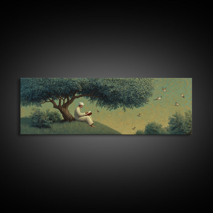 Peaceful Man Reading Under Lush Tree With Flying Birds Scenic Wall Art Canvas Print For Home Decor