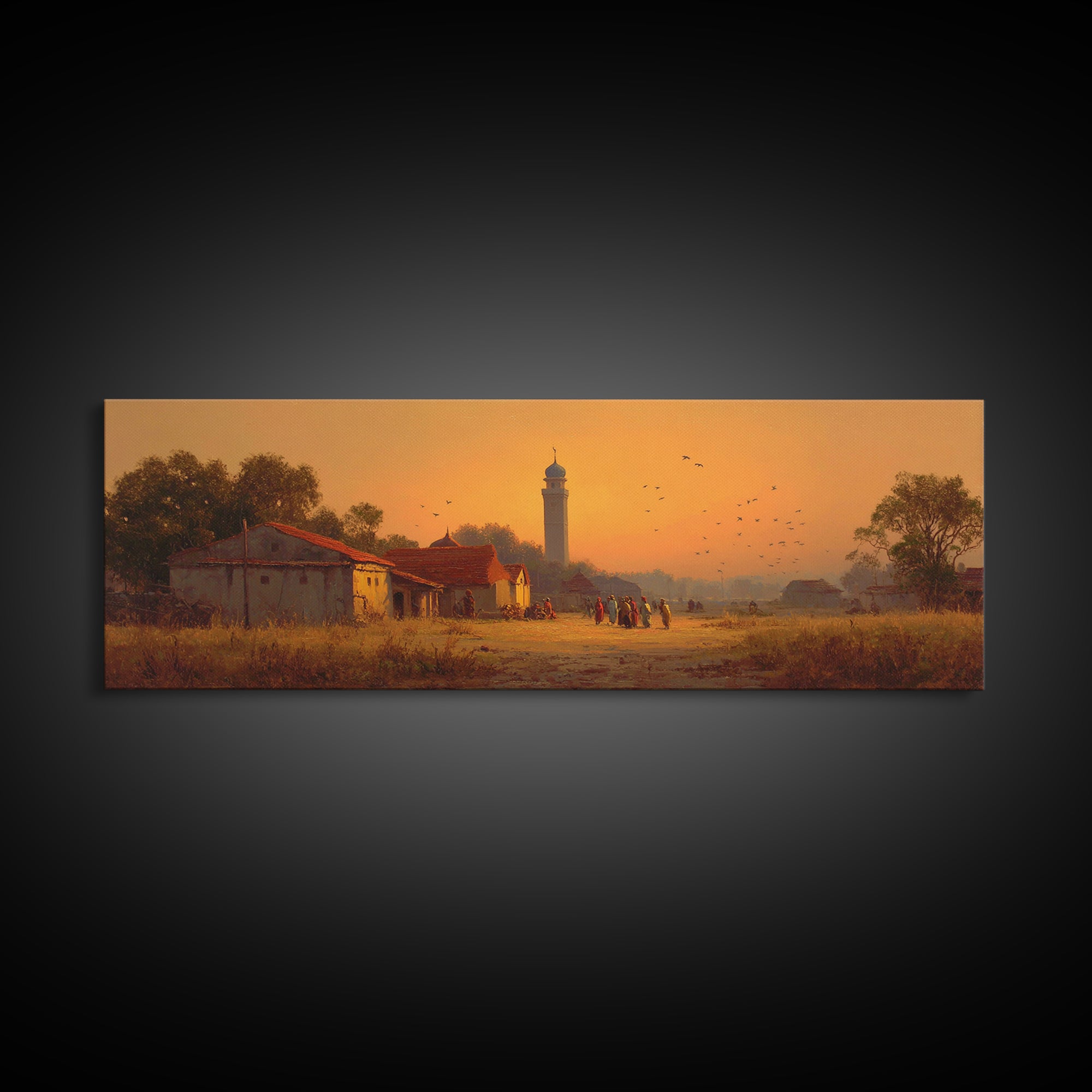 Serene Village Sunset Landscape Painting With Historic Mosque Tower Capturing Peace And Tradition Wall Art