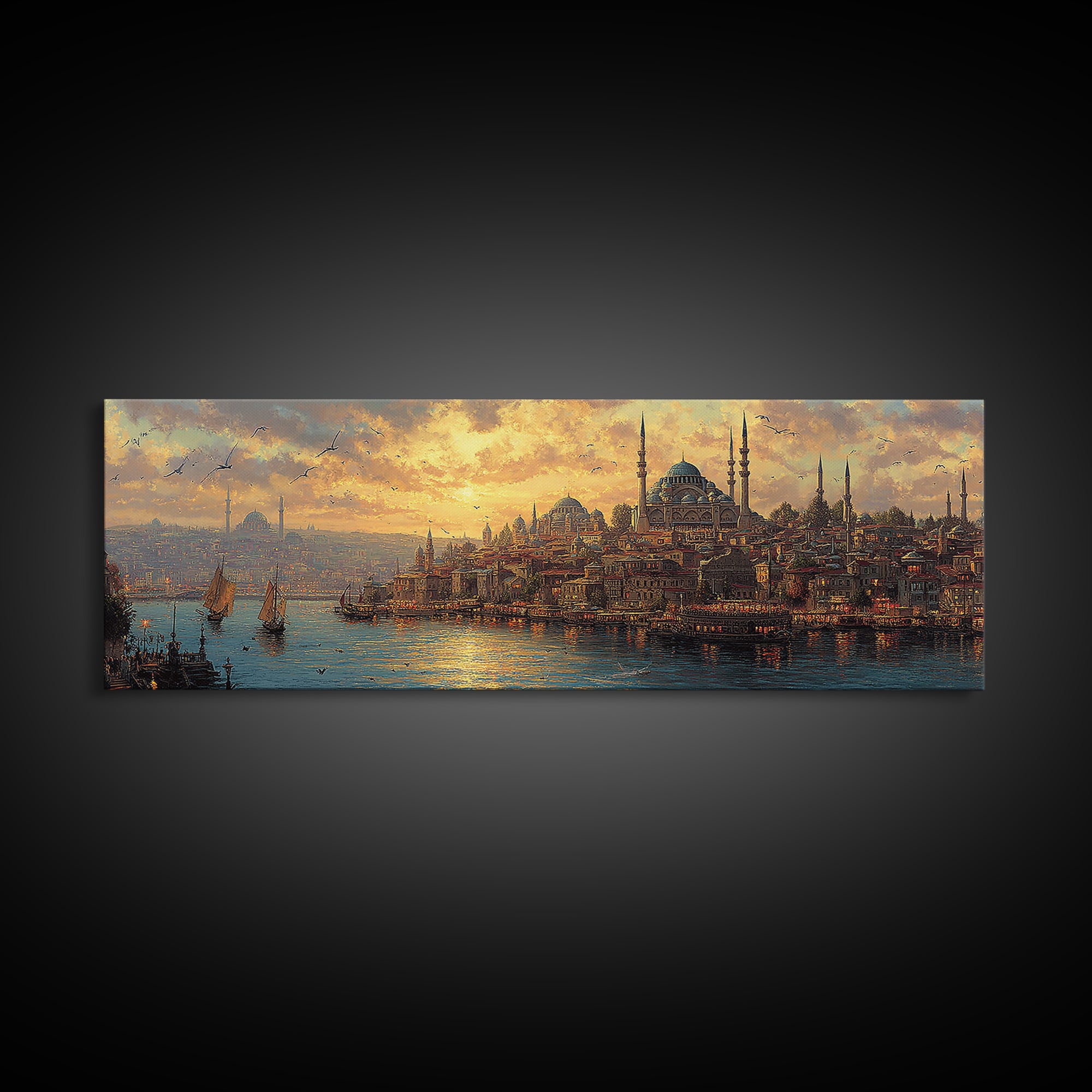 Sunset Over Istanbul Panorama With Historic Sultan Mosque And Boats In Golden Light Wall Art Modern Home Decor