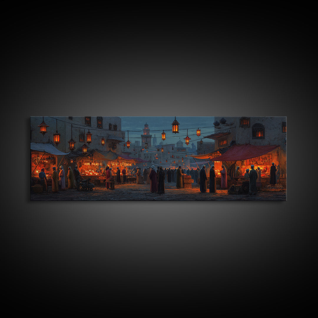 Warm and Lively Market Scene in Middle Eastern Style Oil Painting with Lanterns and Crowds Canvas Print
