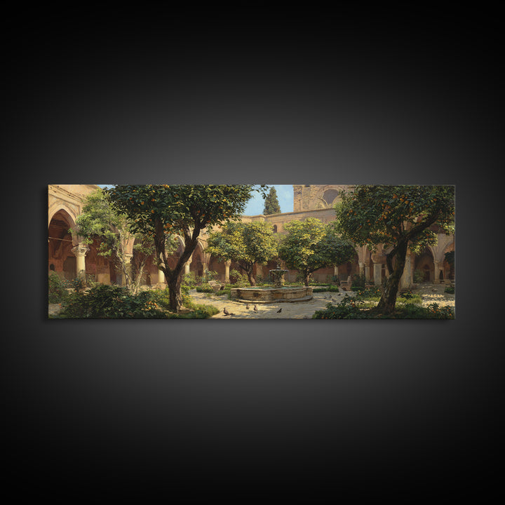 Sunny Courtyard With Orange Trees And Fountain, Classic European Garden Oil Painting Wall Art Print, Large Framed Canvas Print For Home