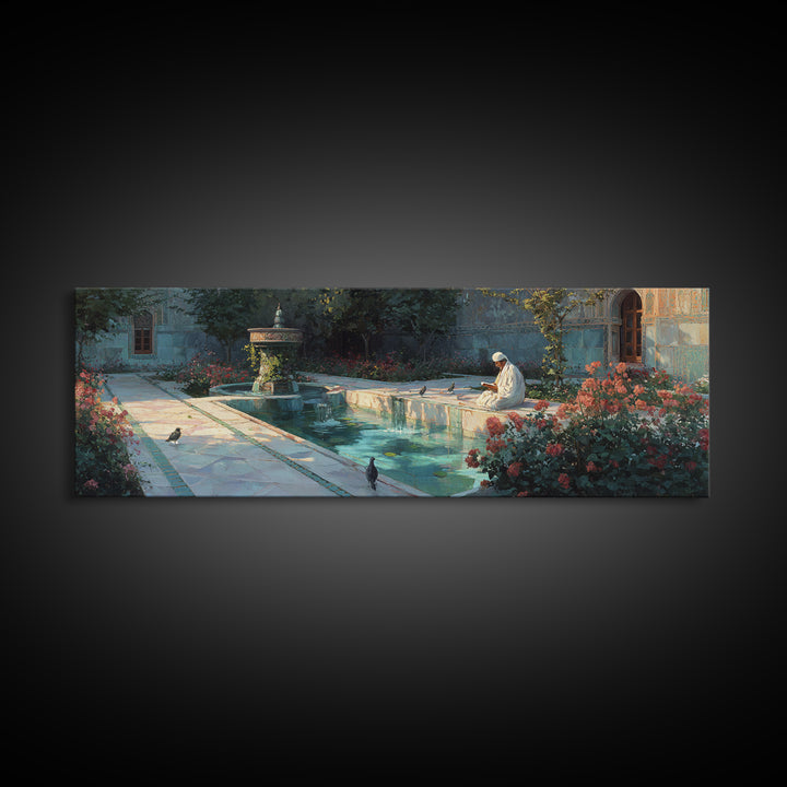 Serene Courtyard With Reflective Water And A Man Reading In Peaceful Garden Scene Wall Art