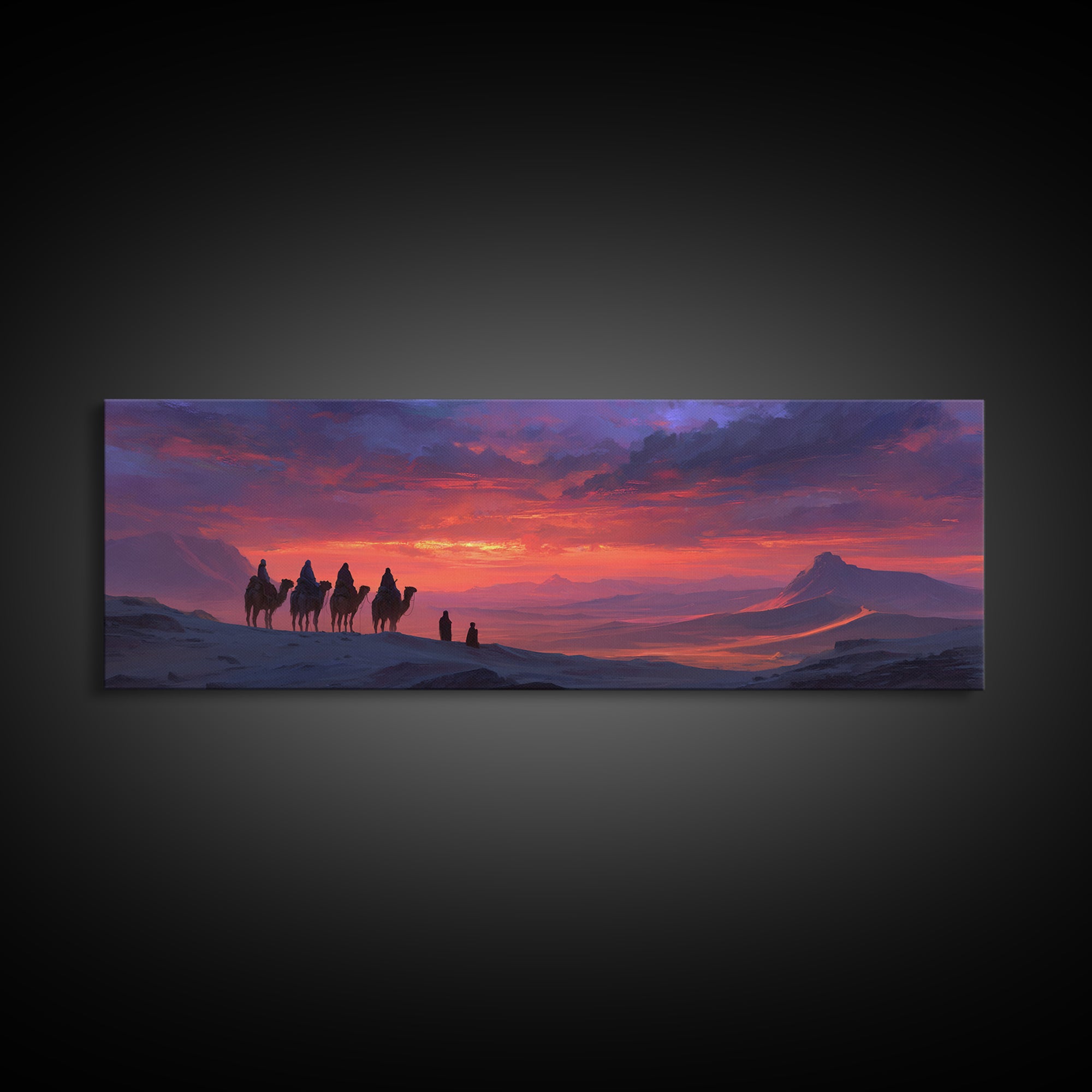 Dramatic Desert Caravan With Camels Traveling At Sunset Landscape Wall Art For Living Room Cozy Home Decor Framed Canvas Print