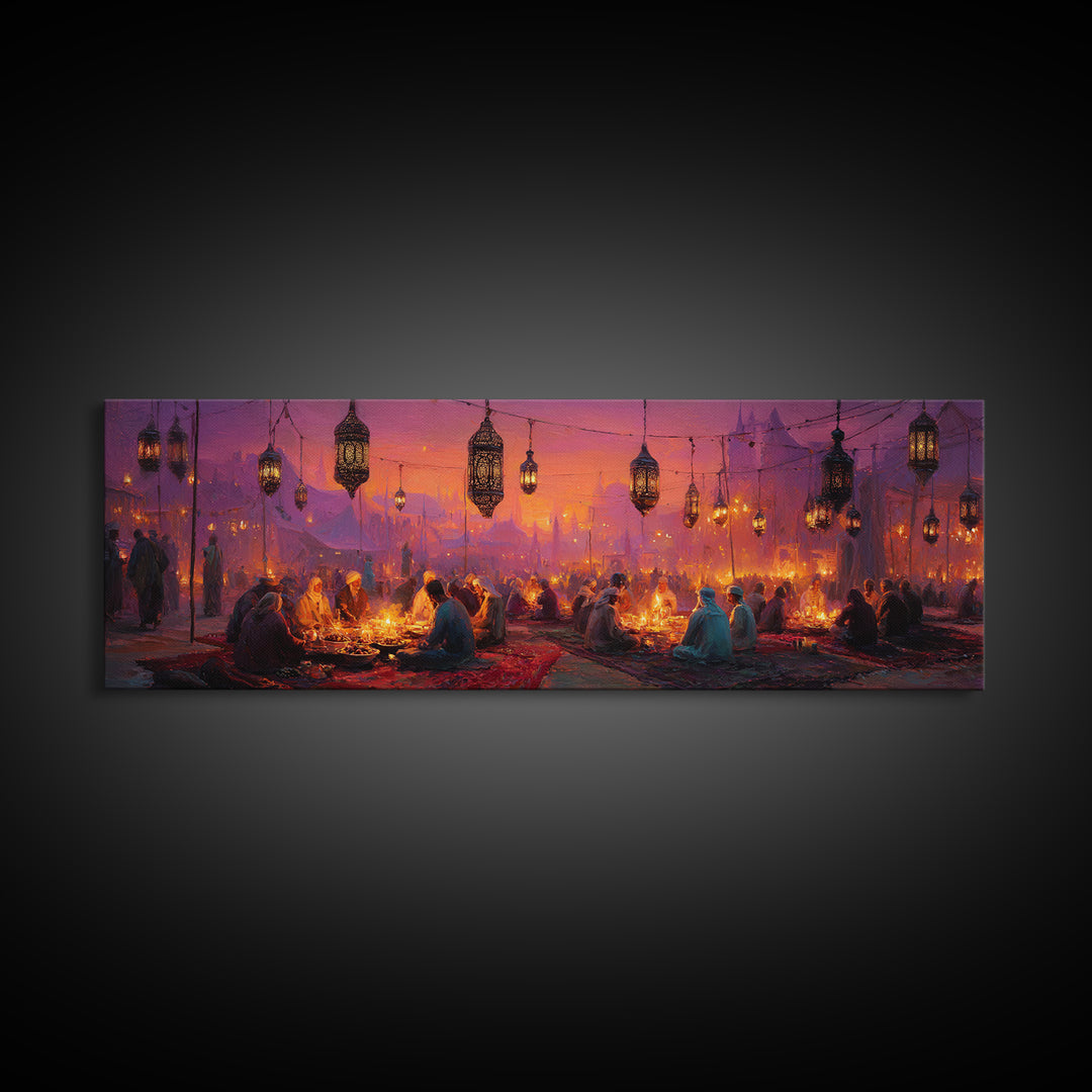 Vibrant Middle Eastern Night Festival With Lanterns And People Enjoying Colorful Celebration Framed Canvas Print