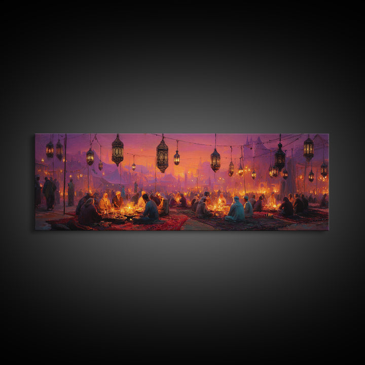 Vibrant Middle Eastern Night Festival With Lanterns And People Enjoying Colorful Celebration Framed Canvas Print