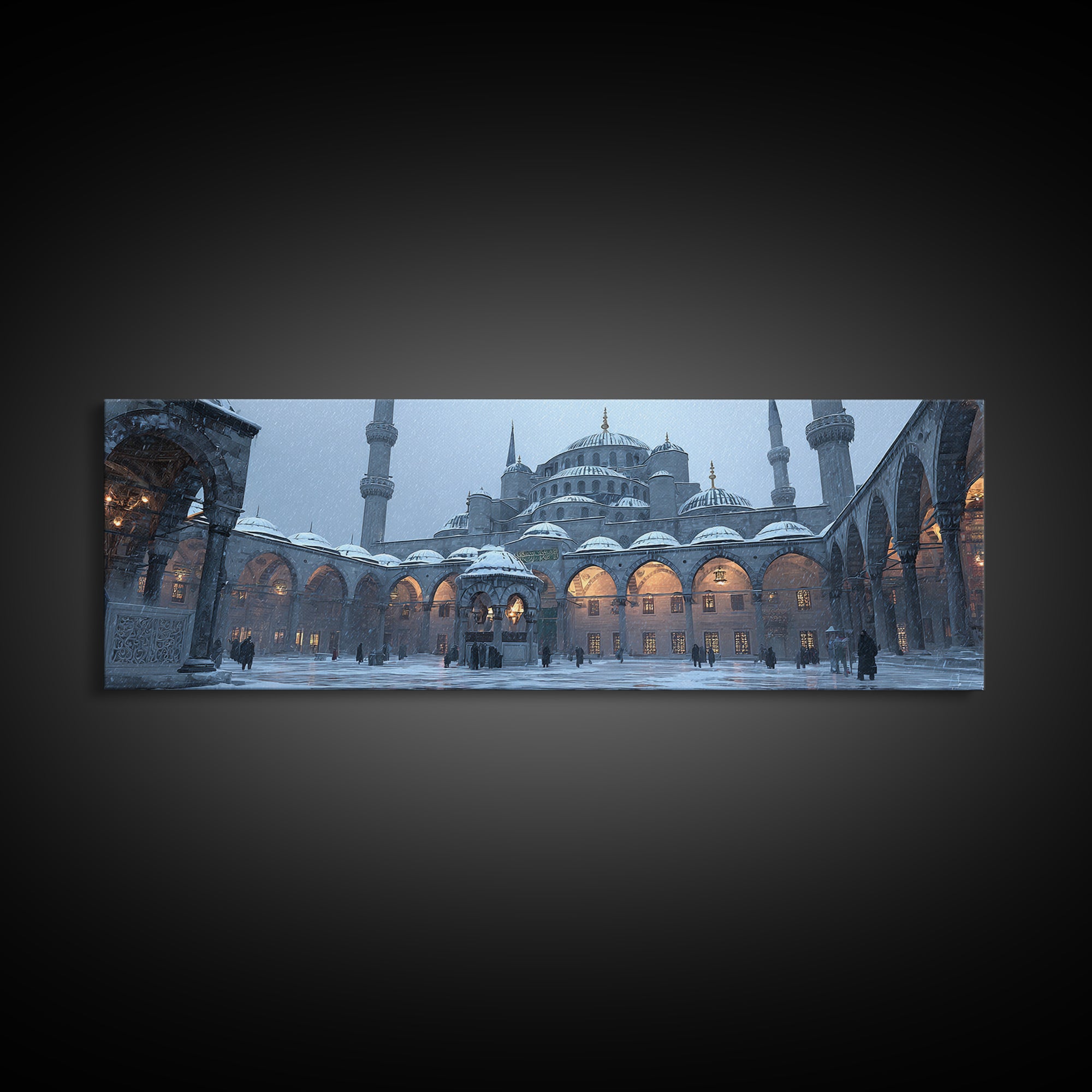Historic Mosque Courtyard In Snowfall Cityscape Digital Painting Modern Wall Art Canvas Print For Home Decor