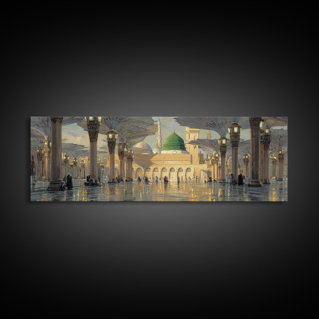 Ornate Mosque Interior With Illuminated Columns And Green Dome Wall Art Canvas Print Featuring Traditional Islamic Architecture And Spiritual Ambiance