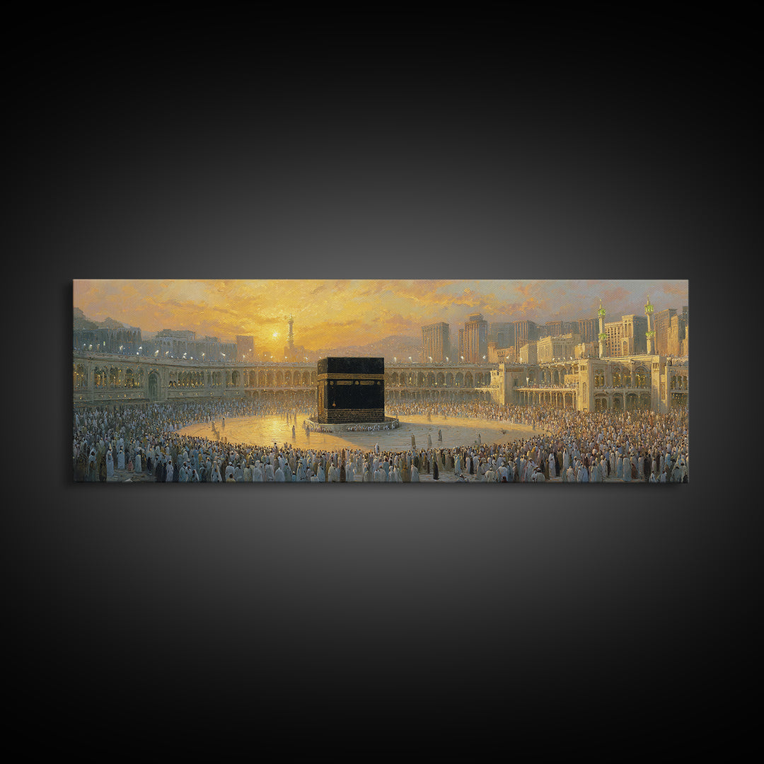 Kaaba At Mecca During Hajj Framed Canvas Print, Islamic Wall Art, Prayer Room Decor, Muslim Gift, Panoramic Mosque Art Print