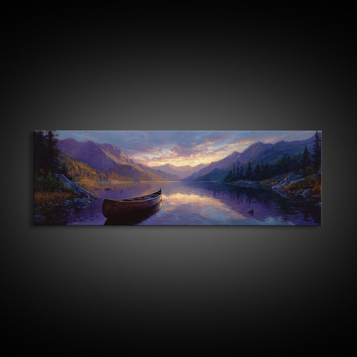 Serene Mountain Lake Landscape With Canoe Oil Painting Framed Canvas Print Large Wall Art For Living Room Decor