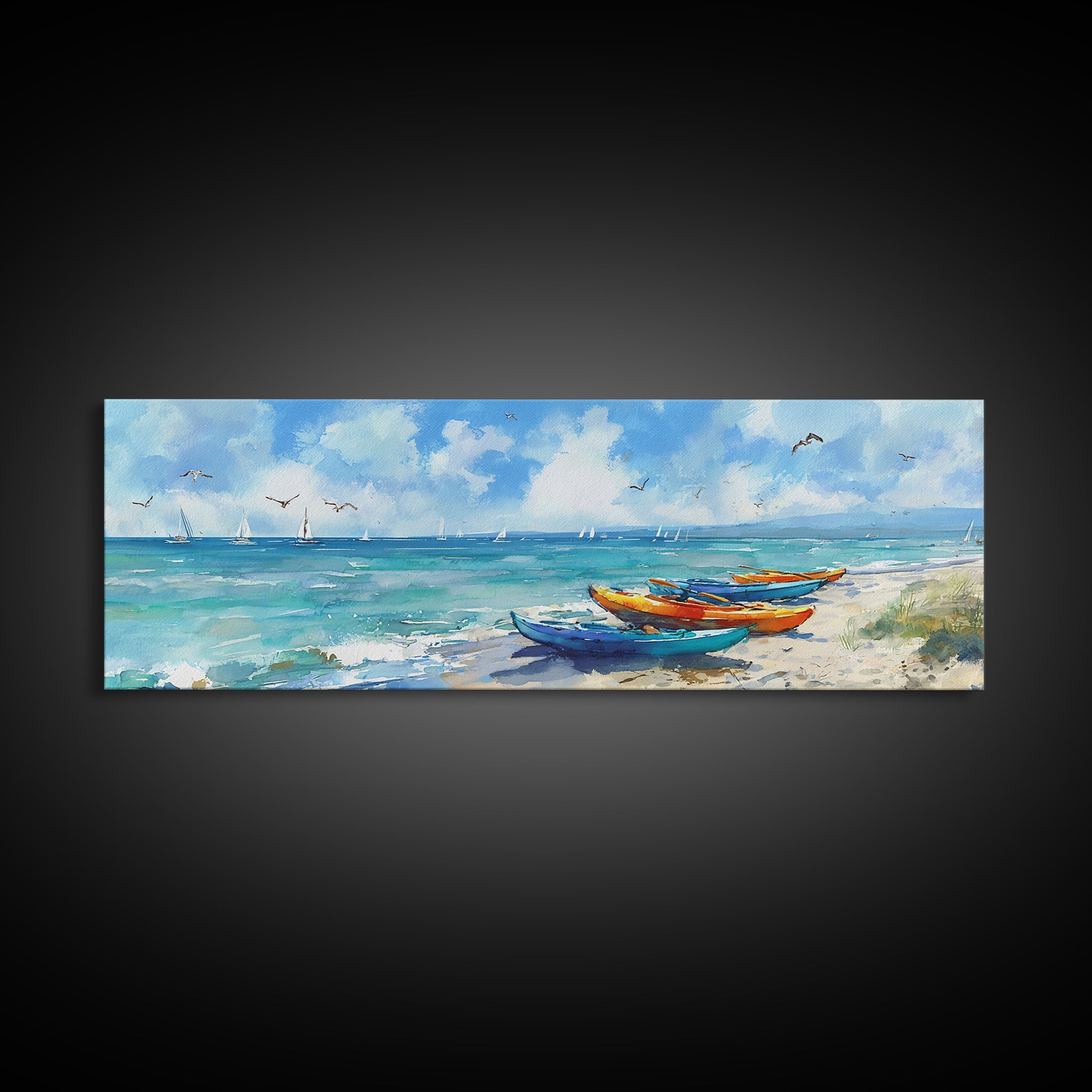Vibrant Colorful Kayaks On Serene Beach Ocean Scene Beach Wall Art Watercolor Canvas Print