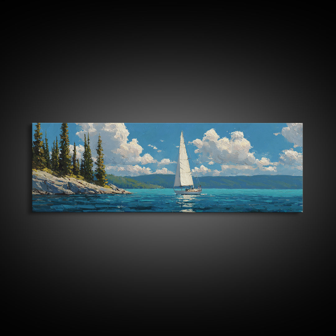 Sailboat At Sea Blue Water Maritime Painting Canvas Print Wall Art For Coastal Home Decor And Nautical Wall Decoration