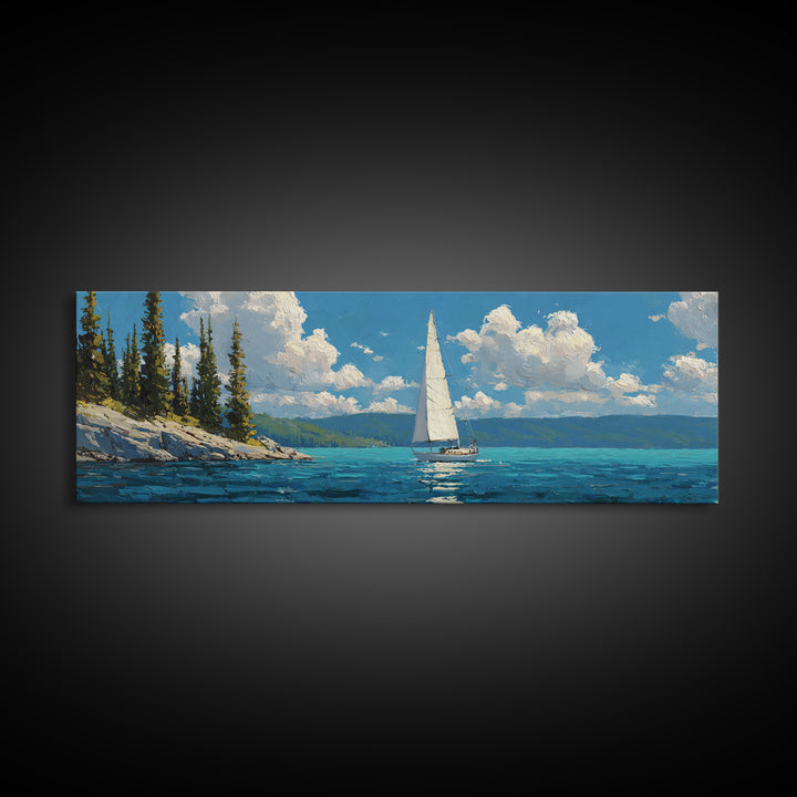 Sailboat At Sea Blue Water Maritime Painting Canvas Print Wall Art For Coastal Home Decor And Nautical Wall Decoration