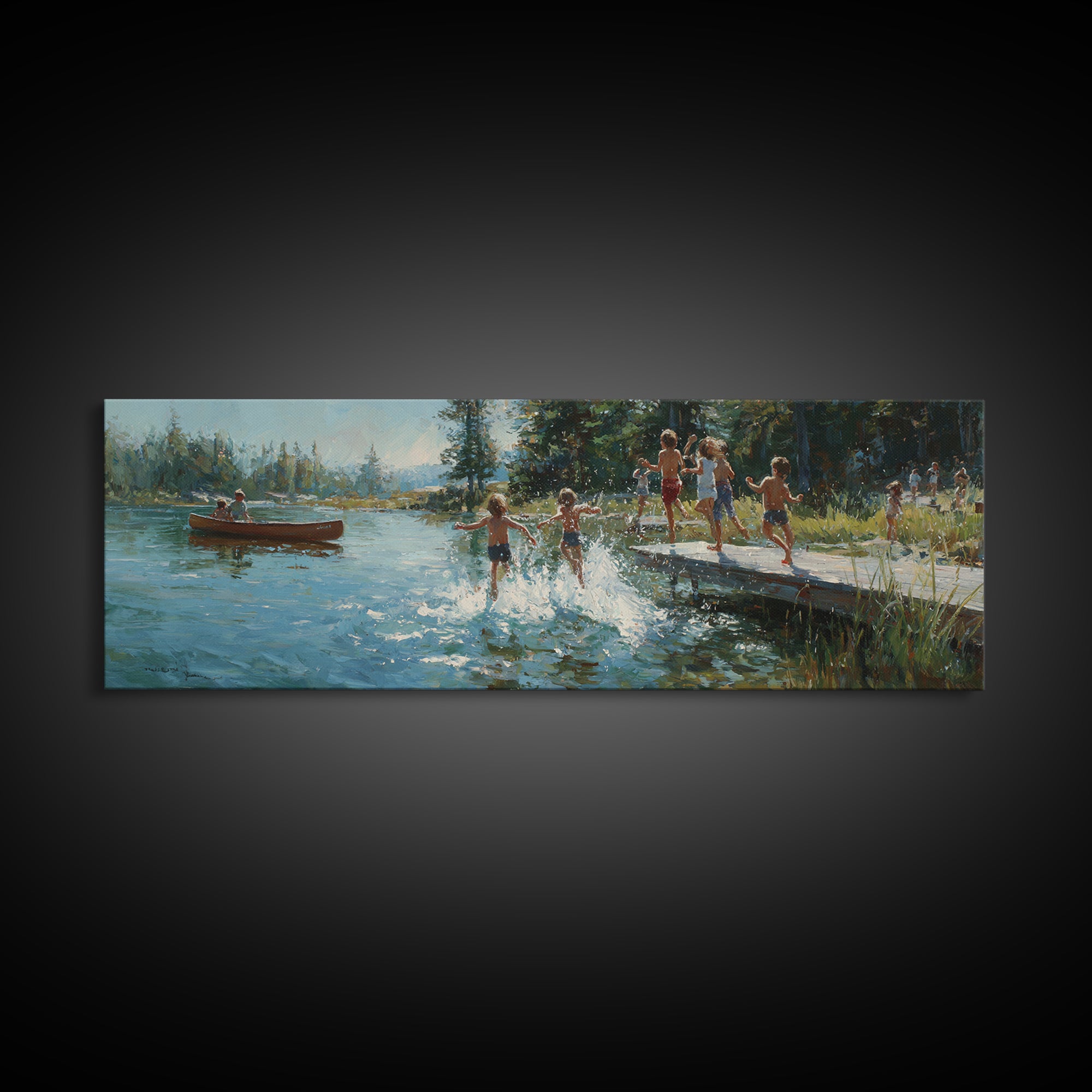 Oil Painting Of Children Playing Near Dock By Lake At Sunset Colorful Nature Wall Art Canvas Print