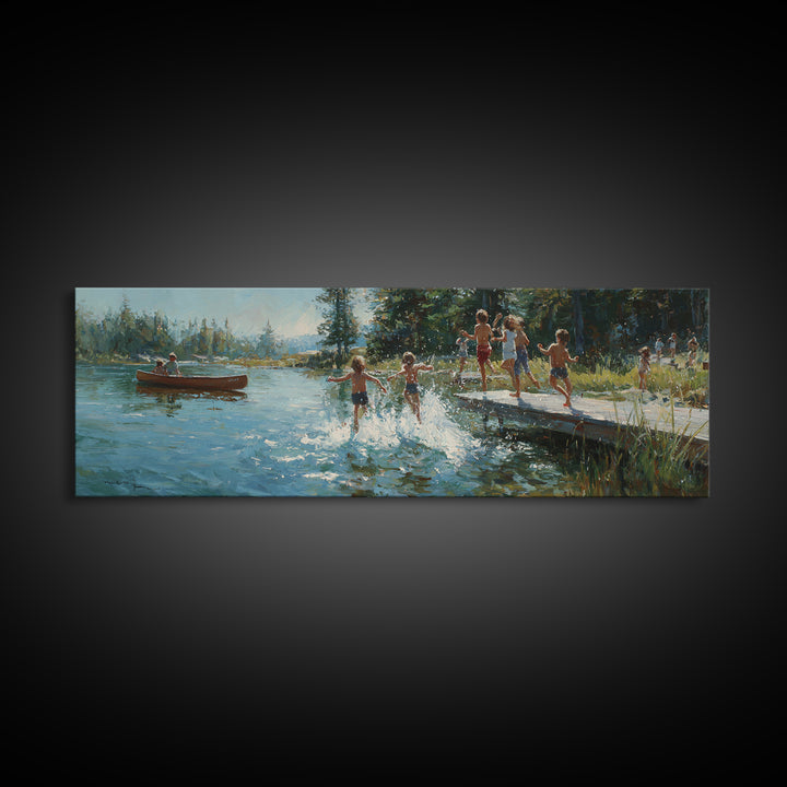 Oil Painting Of Children Playing Near Dock By Lake At Sunset Colorful Nature Wall Art Canvas Print