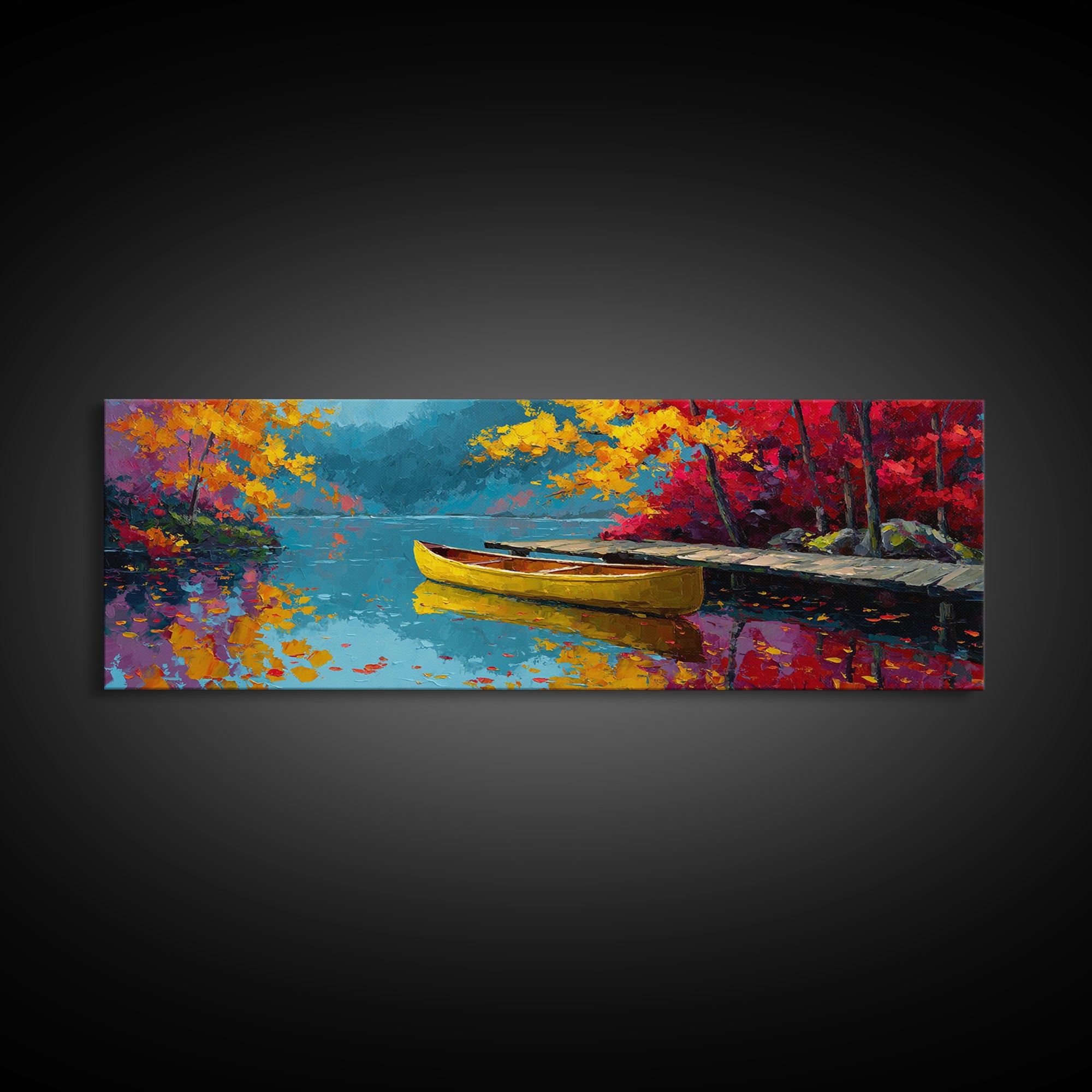 Serene Misty Forest Lake With Canoe Landscape Wall Art Framed Canvas Print For Nature Lover Home Decor