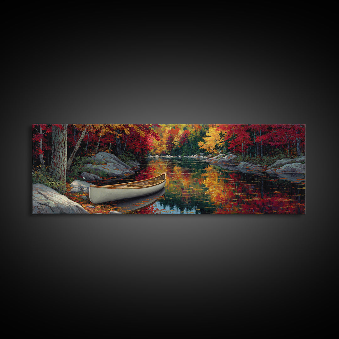 Peaceful Autumn River Scene With Canoe In Fall Colors Landscape Painting Framed Canvas Print Tranquil Nature Wall Art Gift