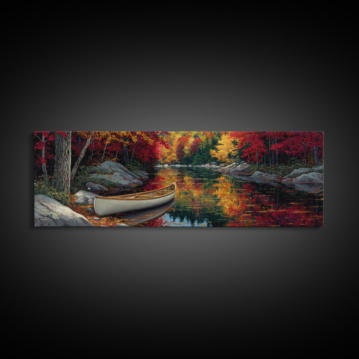 Peaceful Autumn River Scene With Canoe In Fall Colors Landscape Painting Framed Canvas Print Tranquil Nature Wall Art Gift