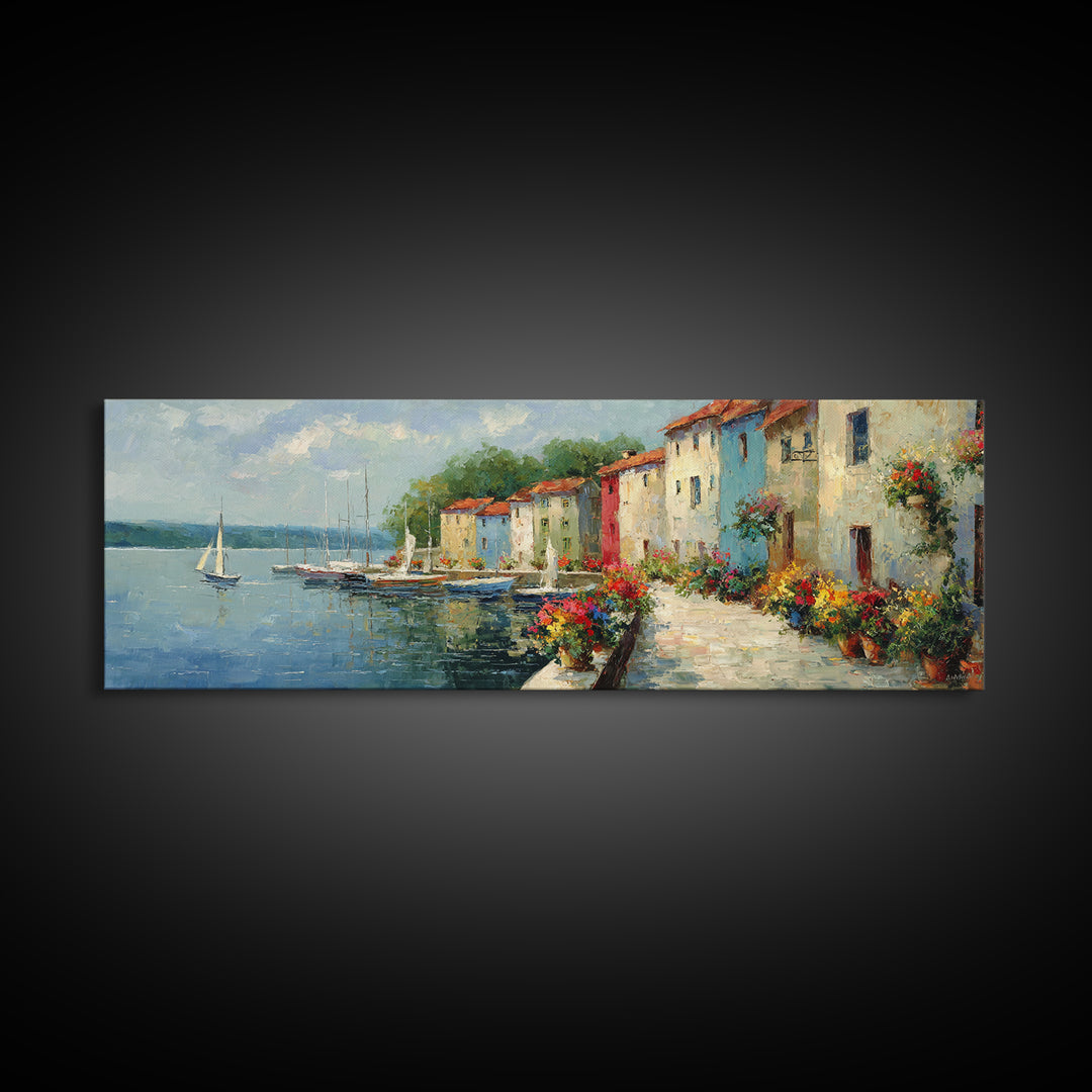 Classic Mediterranean Coastal Village With Colorful Buildings And Boats Oil Painting Canvas Print For Rustic Wall Art