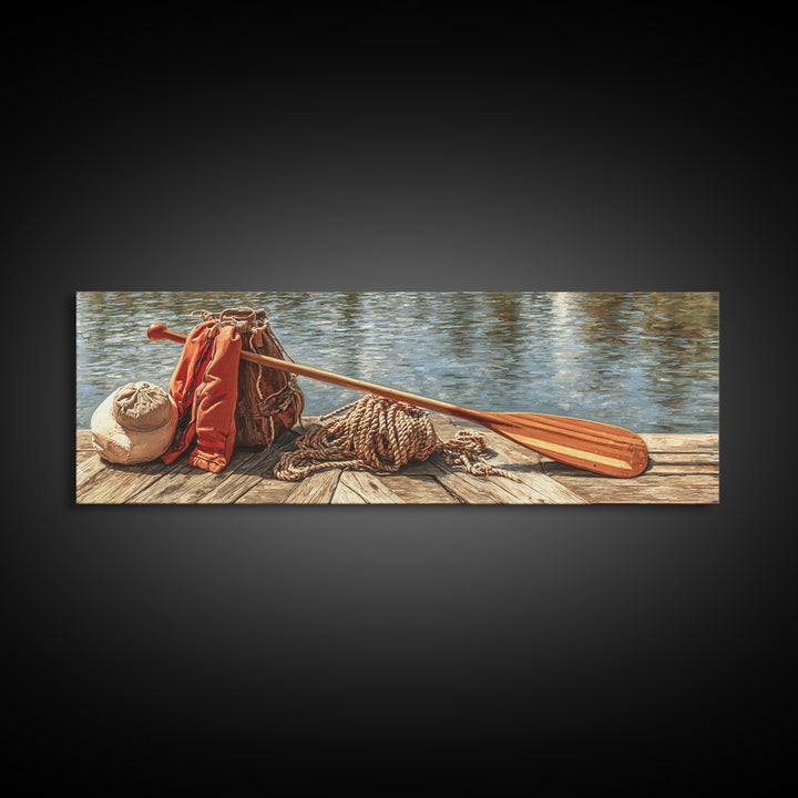 Peaceful Canoe Scene Painting With Person Rowing On Golden Water Reflecting Sunset Natural Wall Art