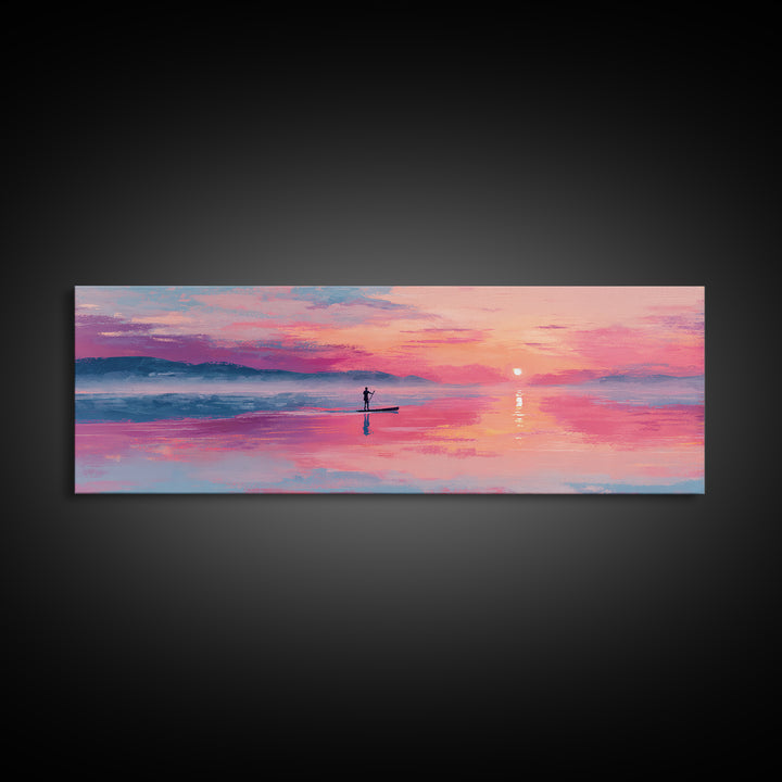 Serene Paddleboarder At Sunset With Pink Purple Sky Wall Art Canvas Print For Coastal Home Decor