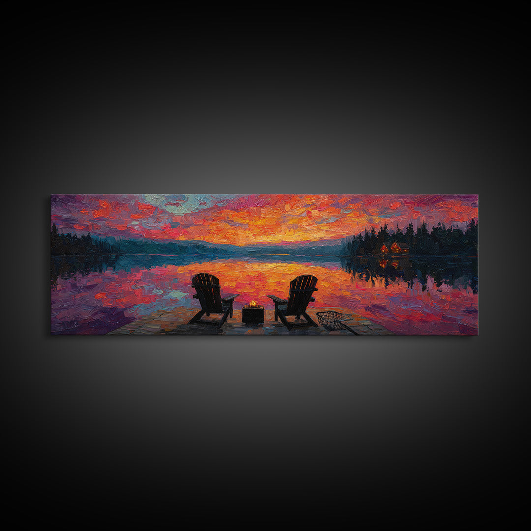 Rustic Sunset Lake Scene With Empty Chairs And Fire Pit Oil Painting Wall Art Framed Canvas Print