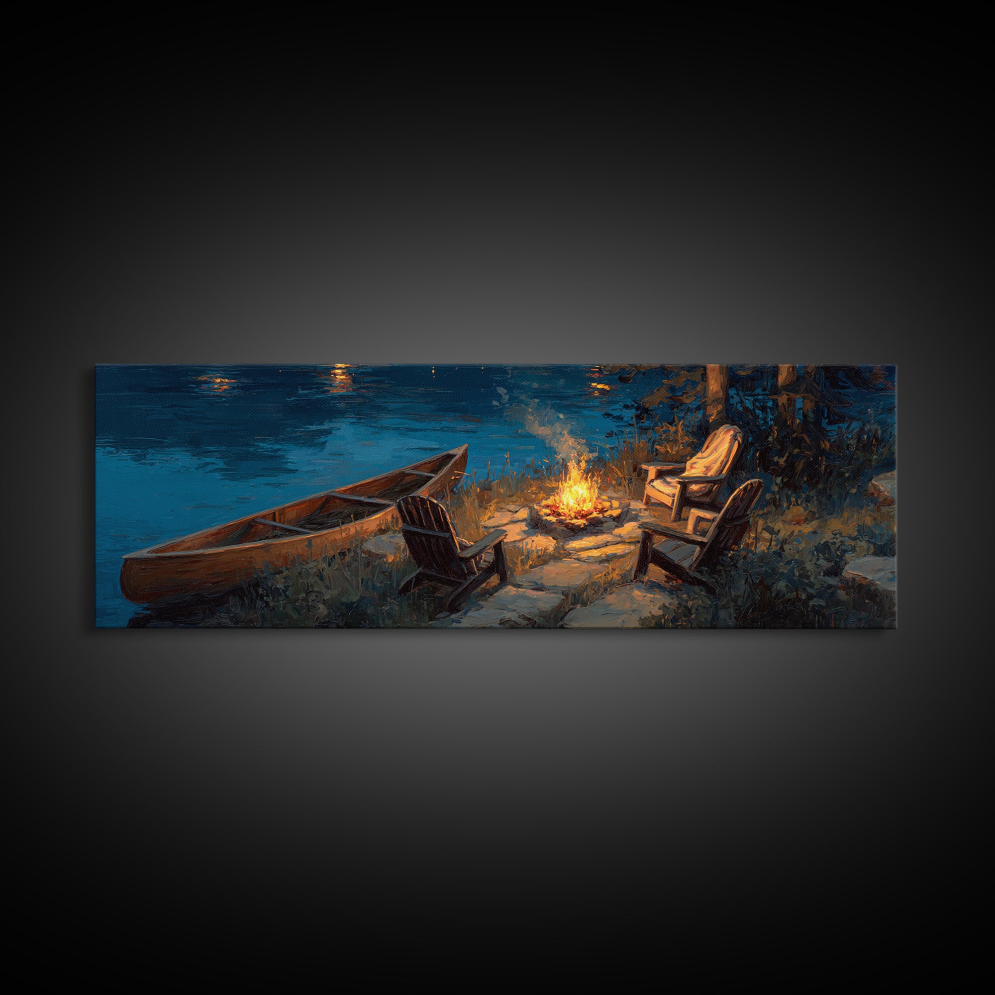 Tranquil Lakeside Campfire Scene With Chairs And Canoe Wall Art Canvas Print For Cozy Home Decor Rustic Bedroom Gift Ideas