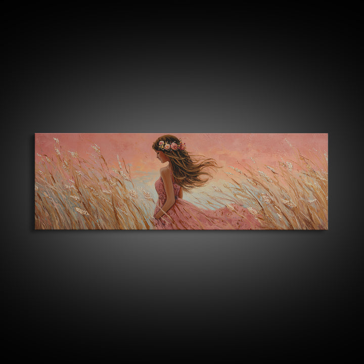 Boho Girl In Pink Dress Through Golden Wheat Field Canvas Print, Feminine Wall Art, Romantic Bedroom Decor, Housewarming Gift For Her