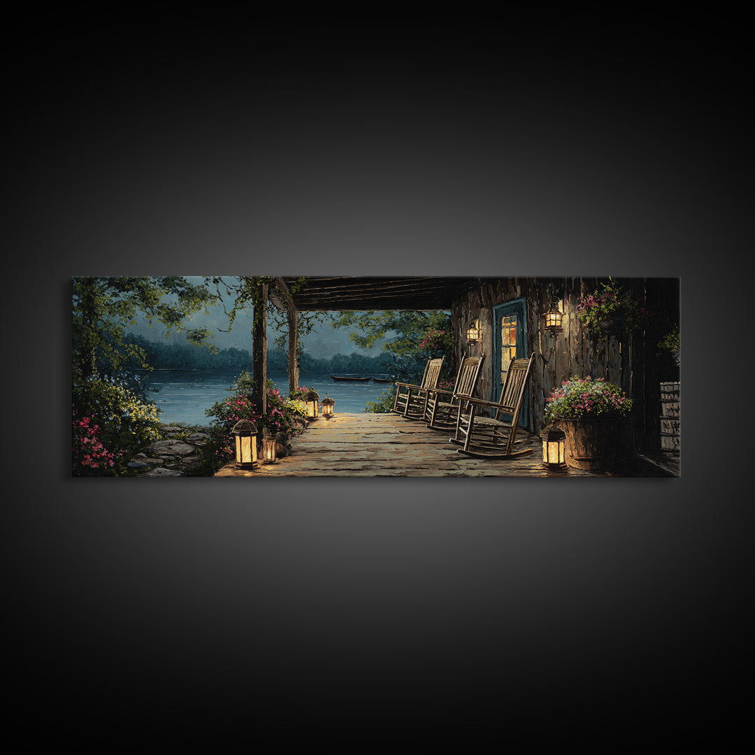 Cozy Lakeside Porch At Twilight Featuring Rocking Chairs And Lanterns Wall Art Perfect For Rustic Home Decor And Living Room