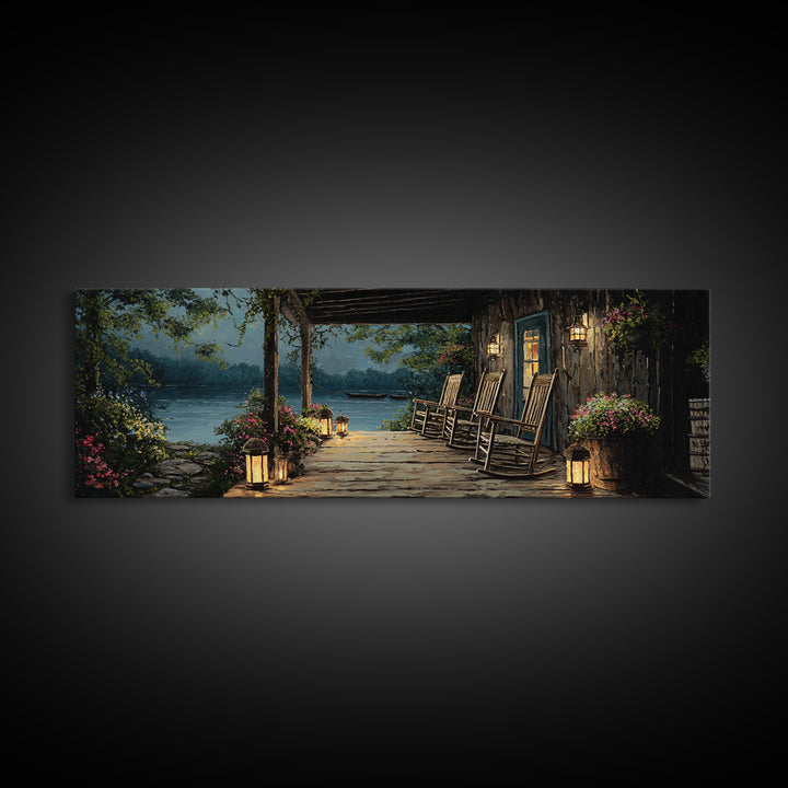 Cozy Lakeside Porch At Twilight Featuring Rocking Chairs And Lanterns Wall Art Perfect For Rustic Home Decor And Living Room