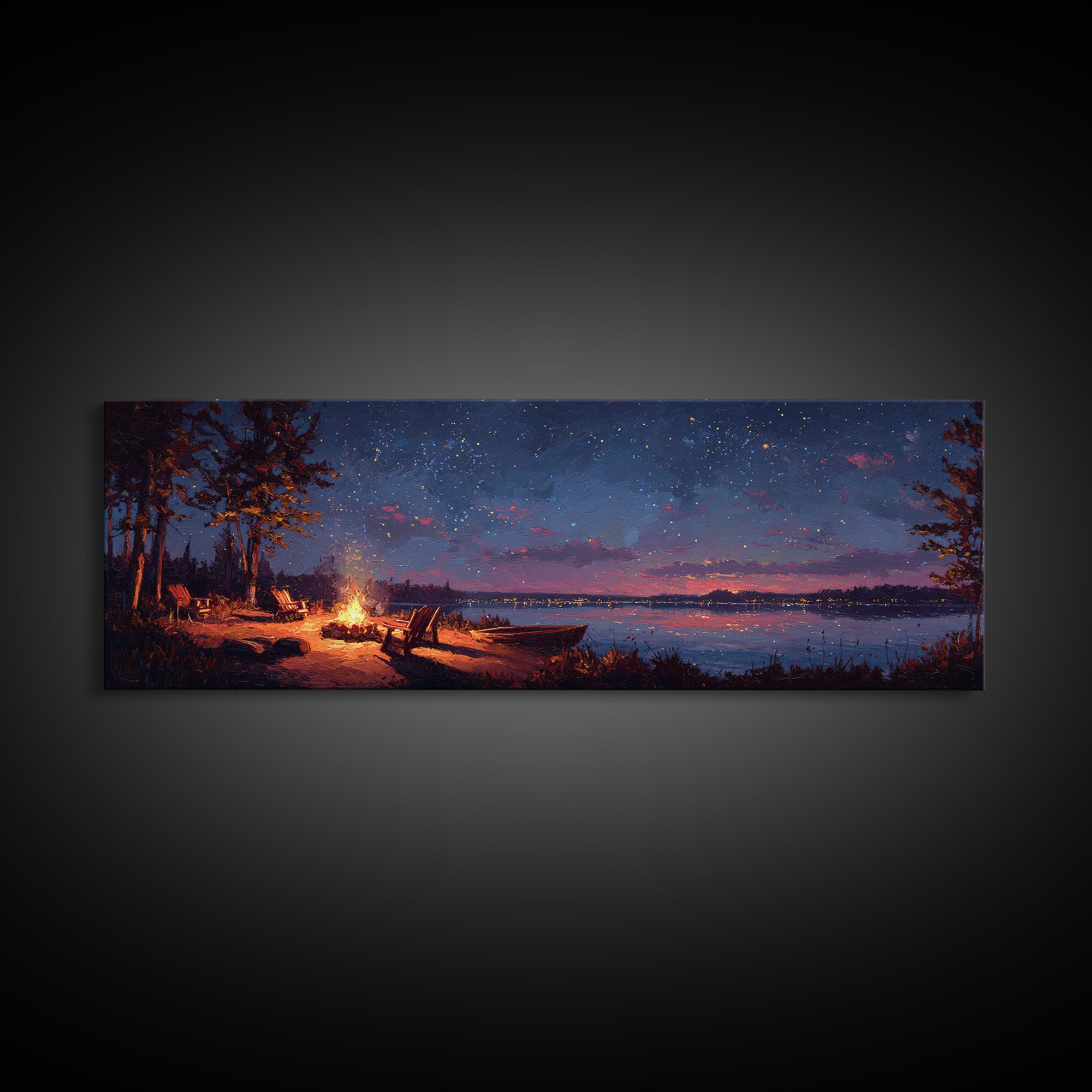 Serene Lakeside Campfire Under Starry Night Sky Wall Art Framed Canvas Print Cozy Outdoor Home Decor
