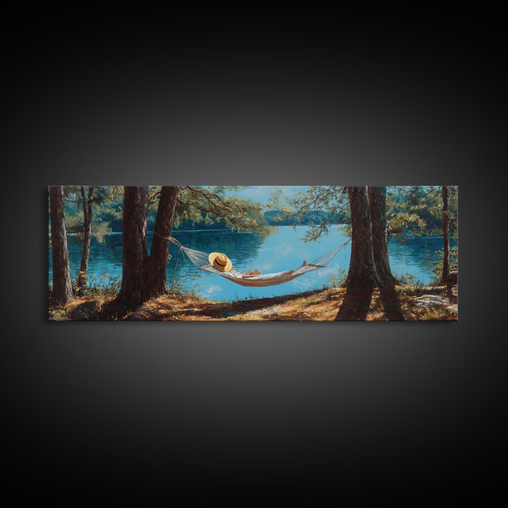 Peaceful Lake Scene With Person Reading In Hammock Among Trees Wall Art Framed Canvas Print For Relaxing Home Decor