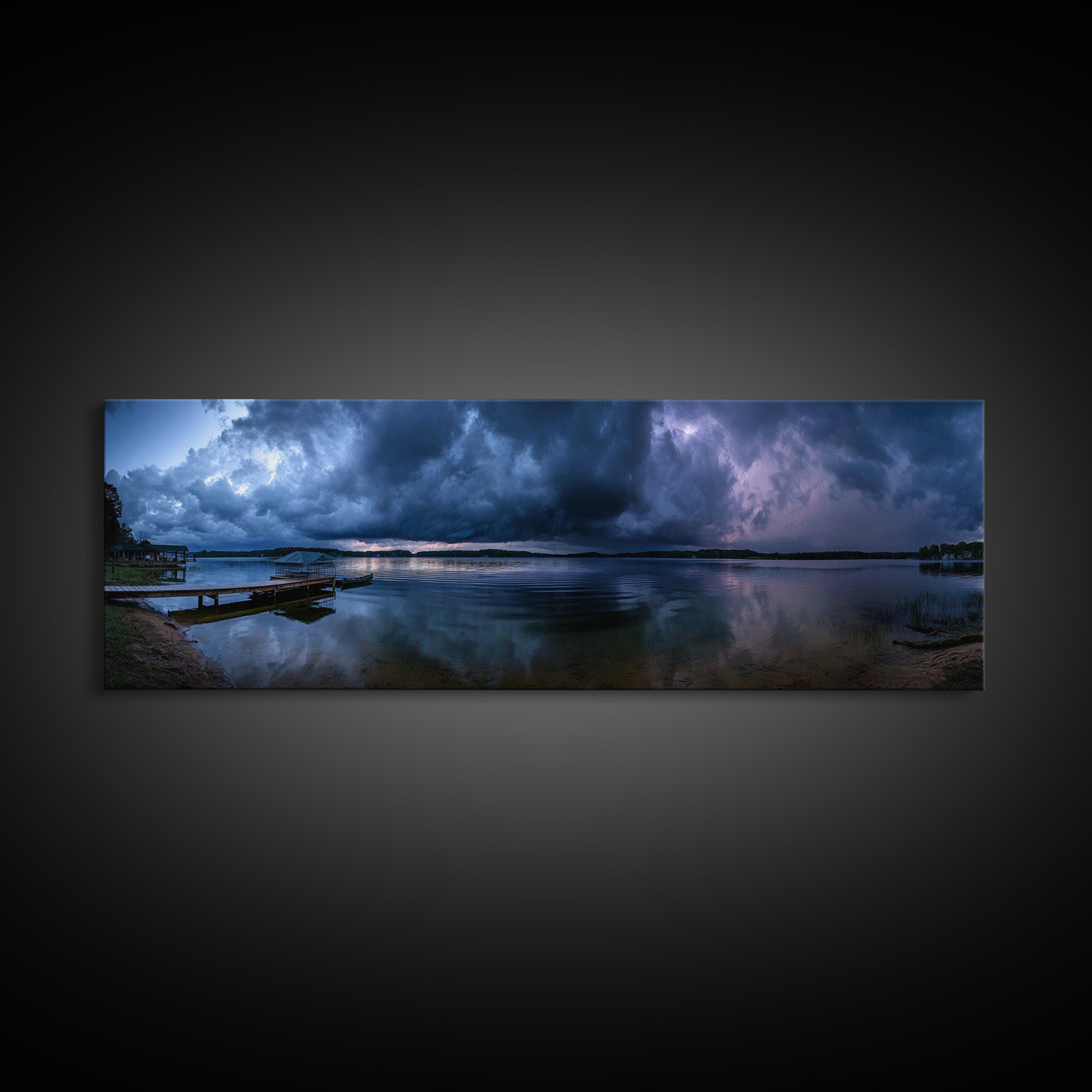 Dramatic Stormy Lake Panorama With Powerful Clouds And Calm Water Reflections Canvas Print
