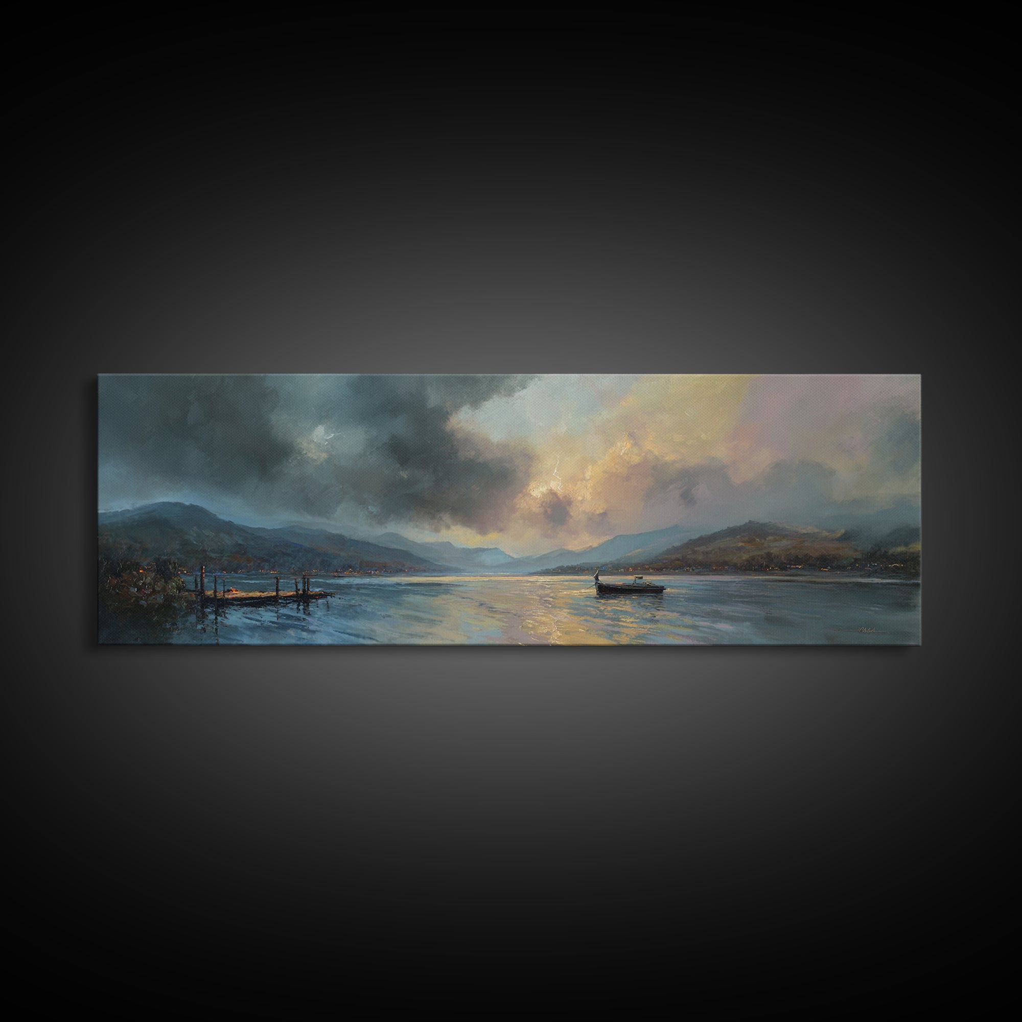 Atmospheric Lake At Dusk With Glowing Sky And Mountain Silhouette Canvas Print Modern Landscape Wall Art For Elegant Home Decor