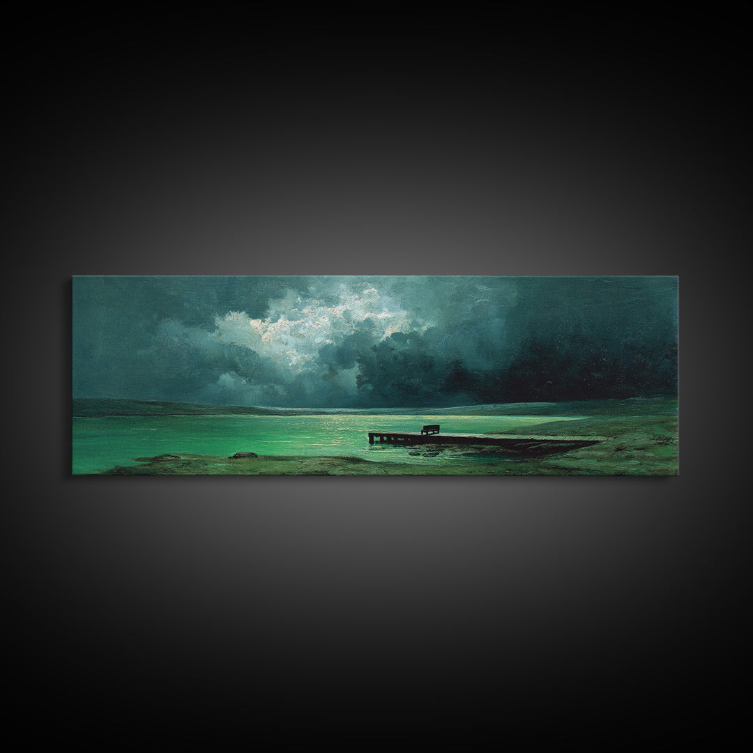 Moody Green Lakeside Dock Morning Mist Oil Landscape Painting Wall Art Canvas Print For Forest And Nature Home Decor
