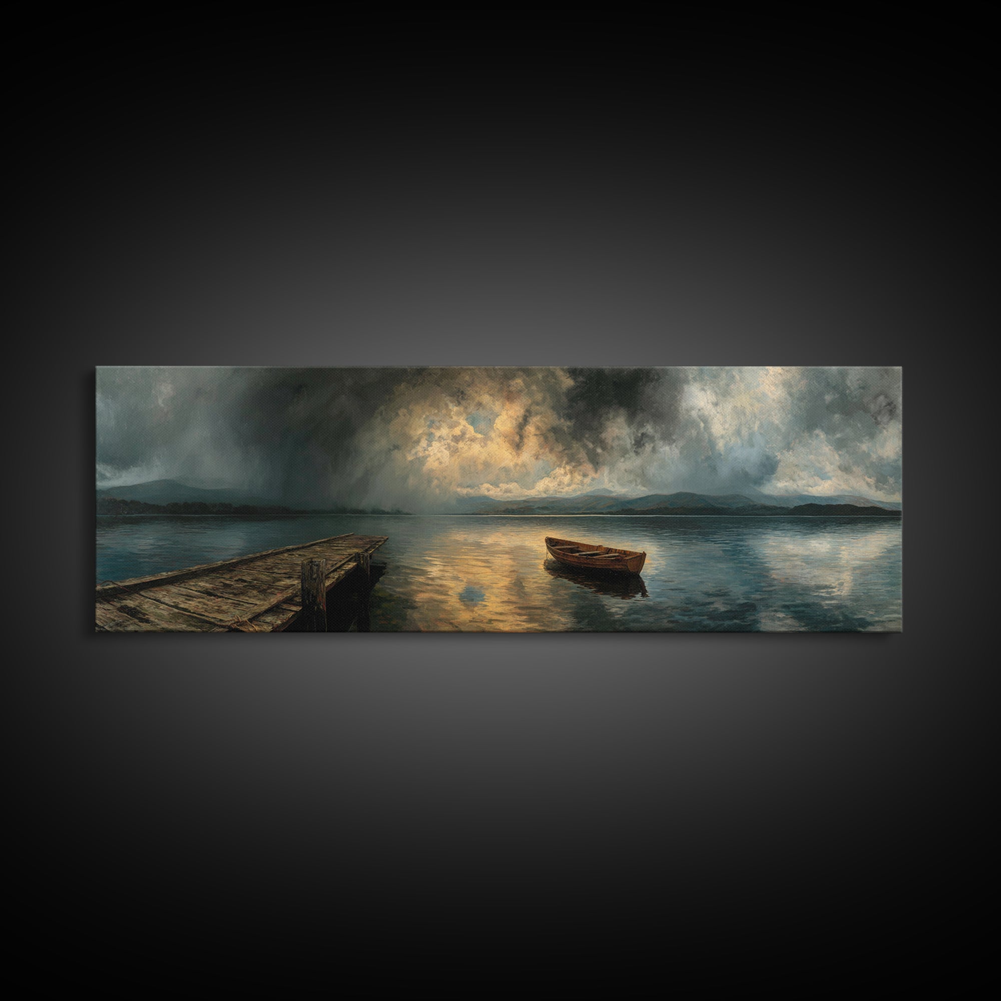 Misty Lake With Old Rowboat Wooden Dock Peaceful Landscape Print - Canvas Print, Nature Wall Art, Rustic Home Decor, Living Room Art, Gift