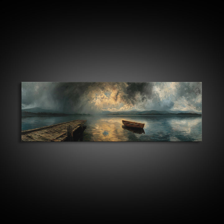 Misty Lake With Old Rowboat Wooden Dock Peaceful Landscape Print - Canvas Print, Nature Wall Art, Rustic Home Decor, Living Room Art, Gift