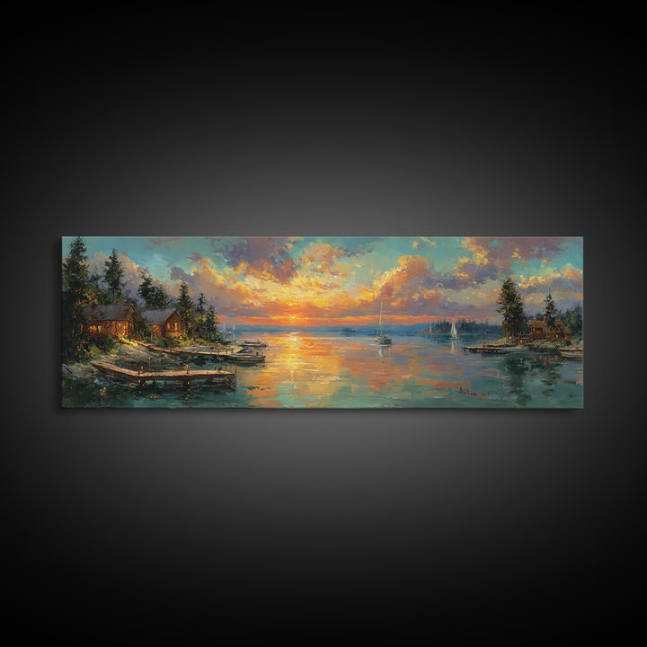 Vibrant Sunset Harbor Scene With Sailing Boats And Illuminated Dock Landscape Wall Art For Living Room And Coastal Home Decor Canvas Print