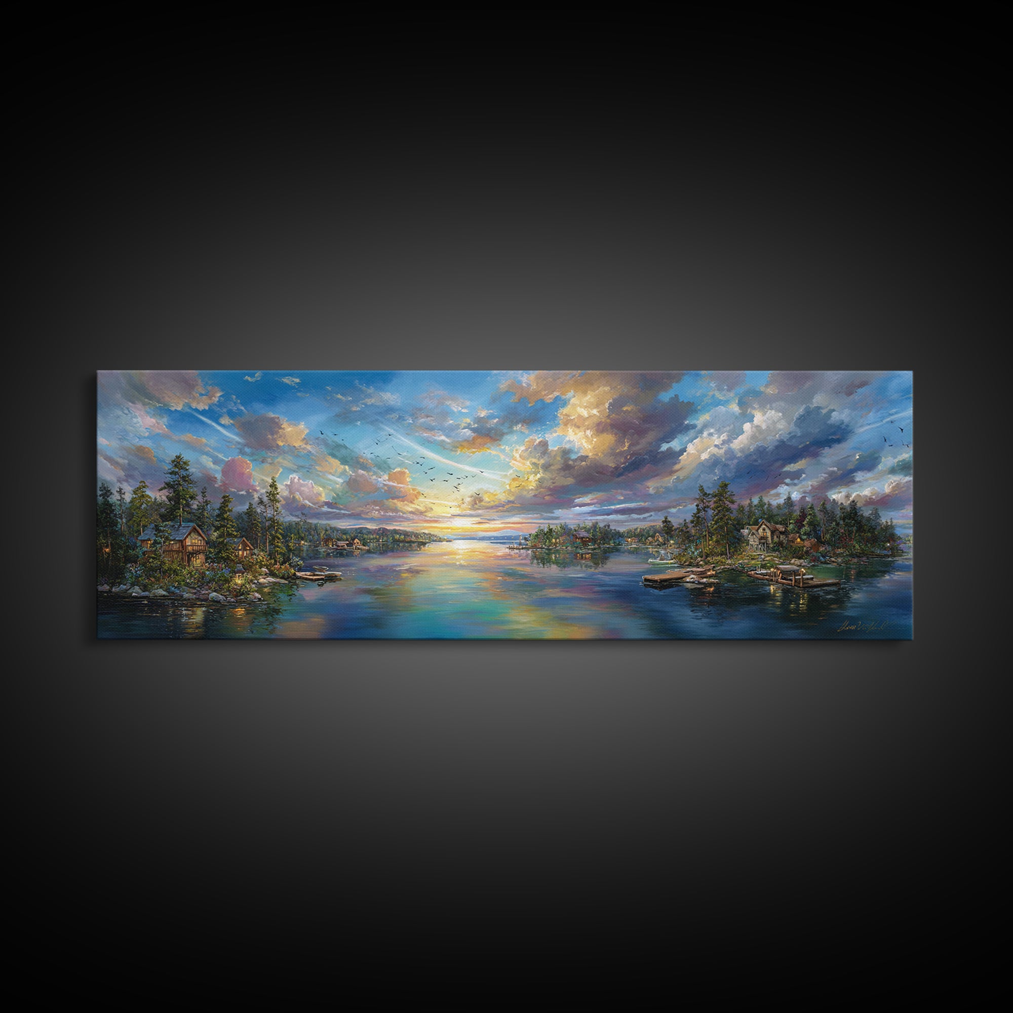 Serene Sunset Landscape Painting Wall Art Framed Canvas Print Vibrant Nature Scene With Lake And Mountains Home Decor
