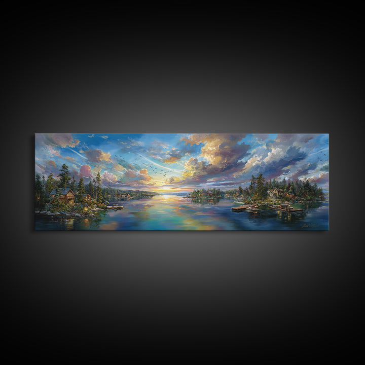 Serene Sunset Landscape Painting Wall Art Framed Canvas Print Vibrant Nature Scene With Lake And Mountains Home Decor
