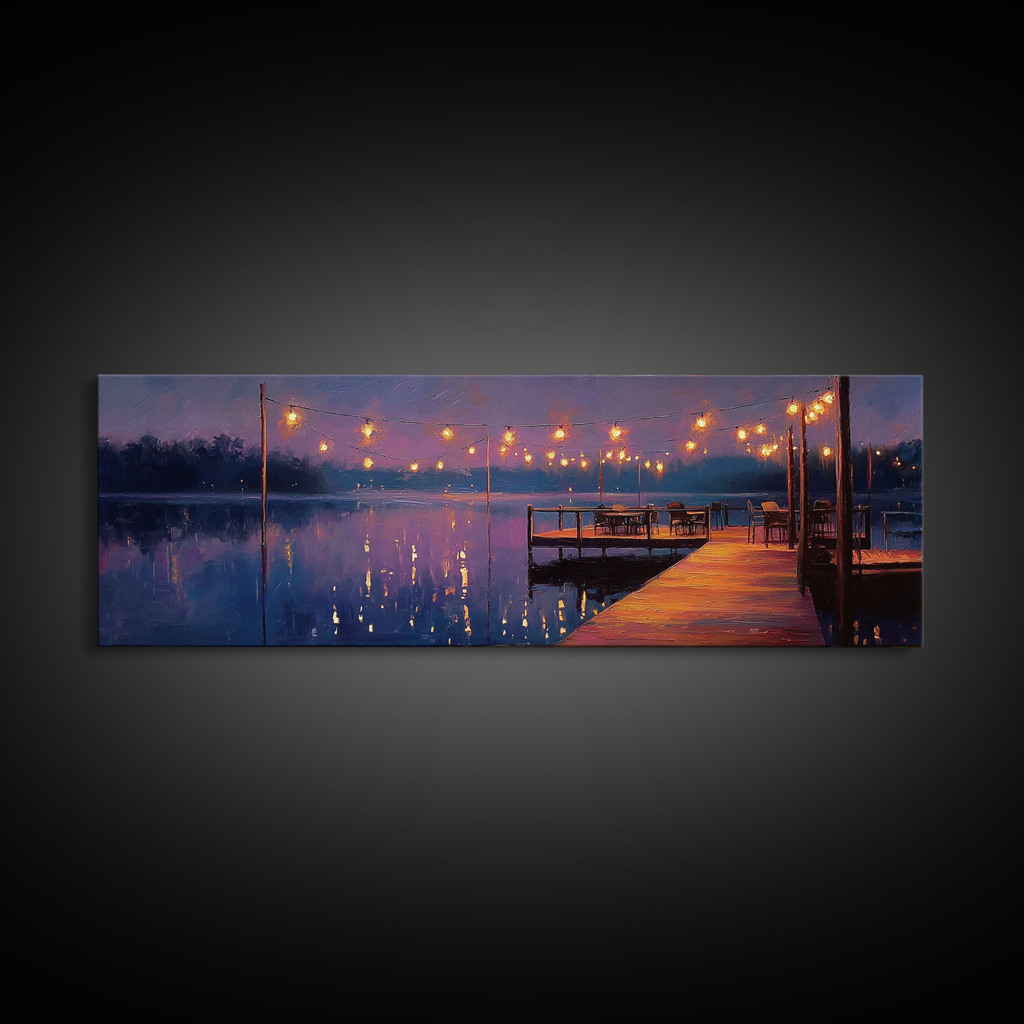 Cozy Lakeside Evening With Warm Lights Over Water - Serene Landscape Wall Art Framed Canvas Print For Relaxing Home Decor