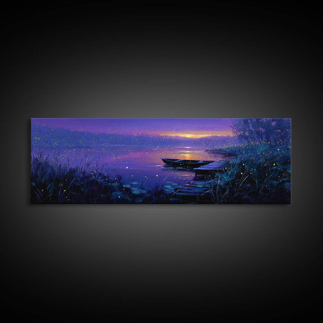 Serene Nighttime Lake Scene With Boat And Fireflies Peaceful Landscape Wall Art Canvas Print