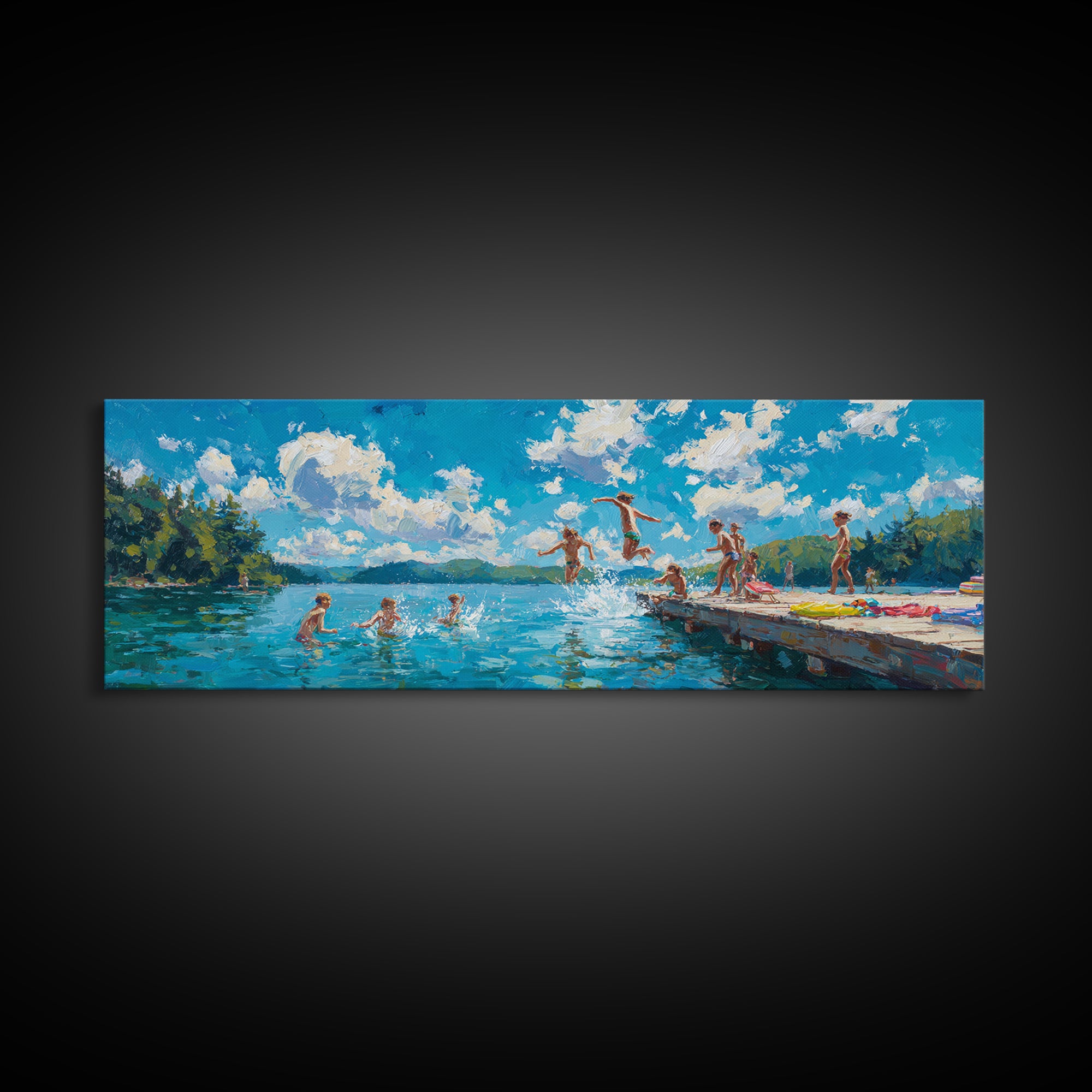 Energetic Summer Kids Jumping Into Lake Water From Dock Painting Vibrant Outdoor Scene Wall Art Framed Canvas Print For Playful Decor