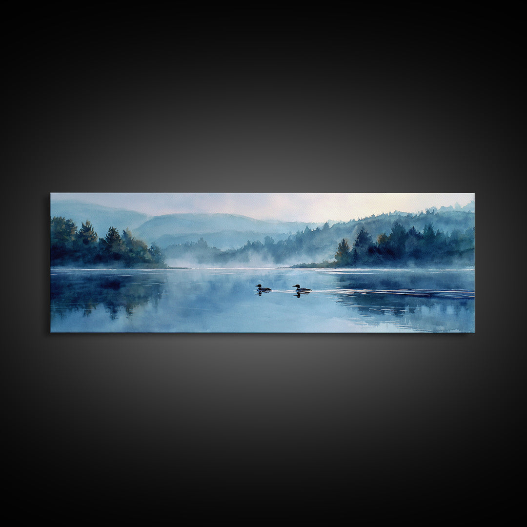 Mystical Lakeside Scene With Two Loons Swimming Among Misty Trees Watercolor Painting Canvas Print For Nature Wall Art