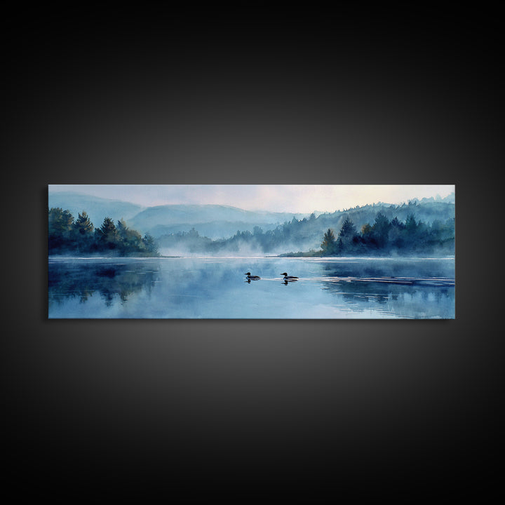 Mystical Lakeside Scene With Two Loons Swimming Among Misty Trees Watercolor Painting Canvas Print For Nature Wall Art