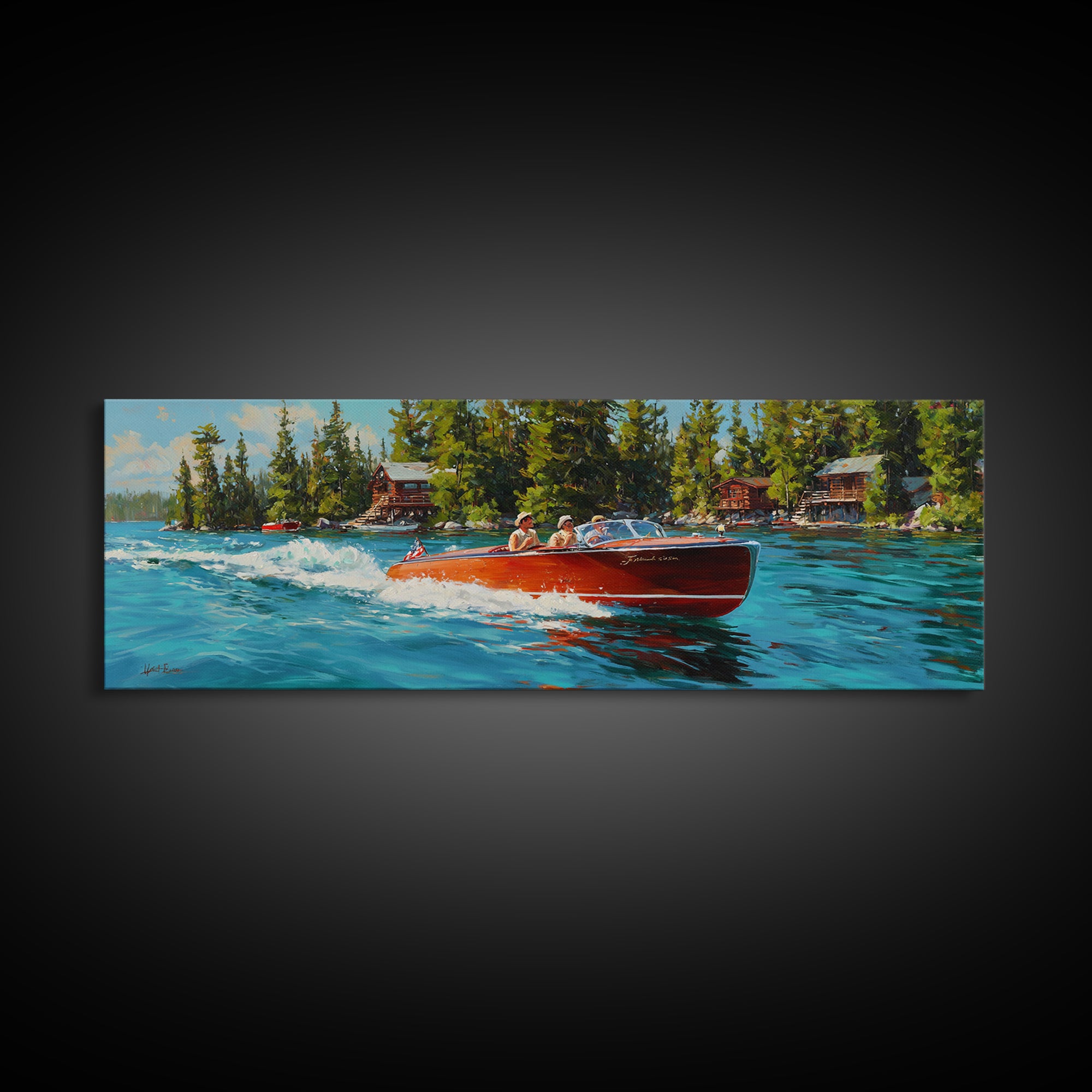 Classic Speedboat On Lake Painting With Bright Red Wood Vessel And Scenic Nature Watercraft Wall Art Print