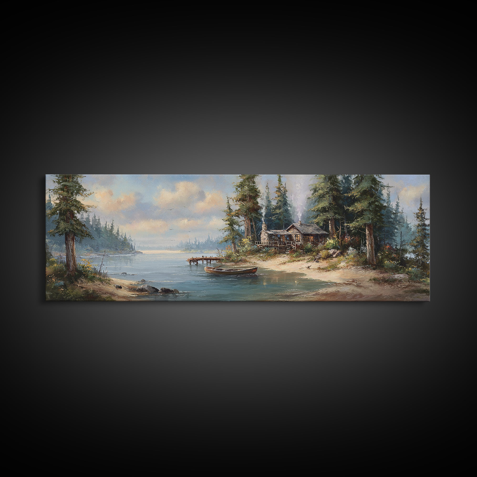 Rustic Cabin By The Lake Painting In A Serene Forest Landscape Wall Art Framed Canvas Print Nature Home Decor